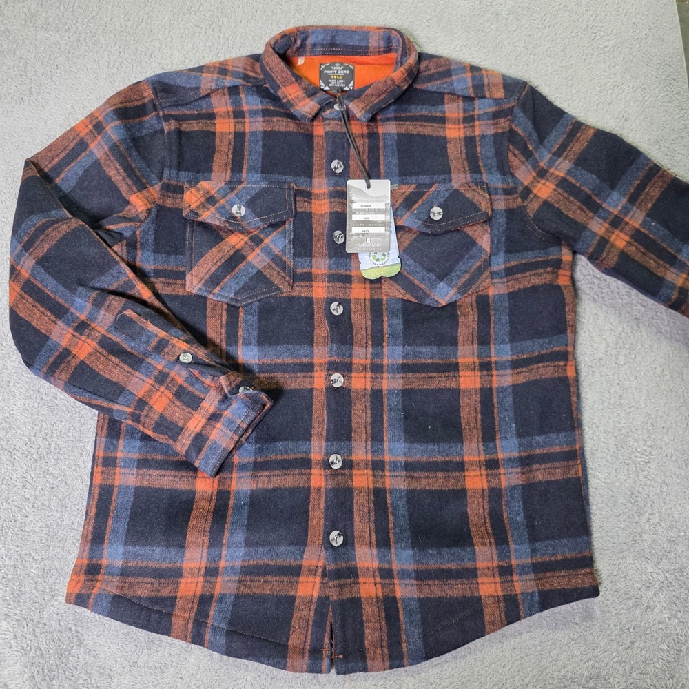 Point Zero Mens Medium Shirt Jacket Navy Orange Plaid Fleece Lined Shacket